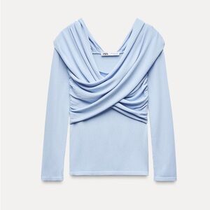 Zara Sky Blue Draped Long Sleeve Blouse